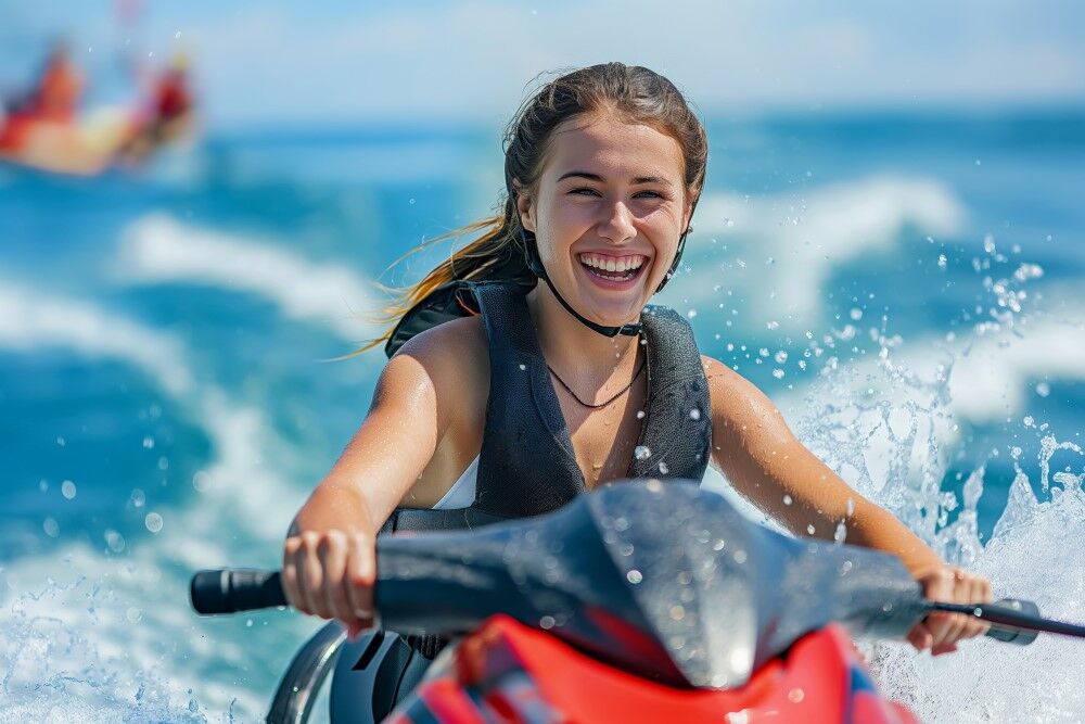 Smiling female enjoying her time on jet ski dubai